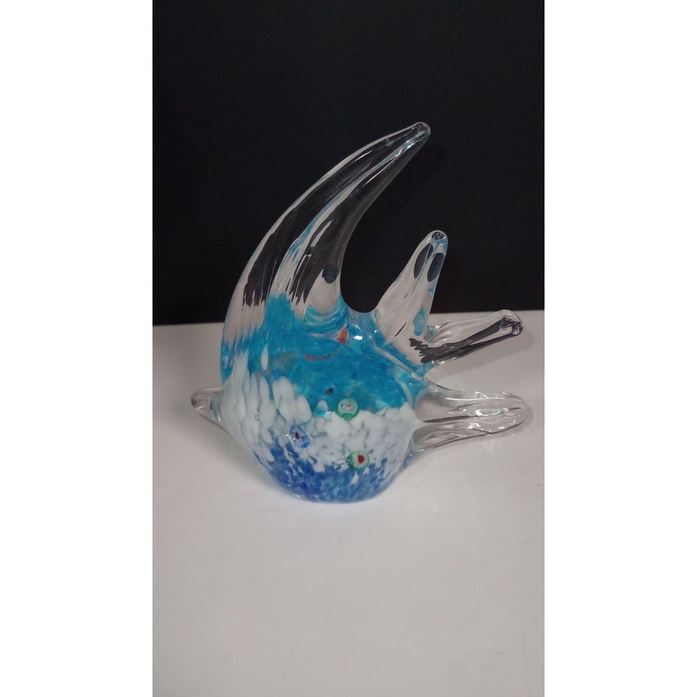 Studio Art Glass Angel Fish Blue and White Paperweight Nautical Beach Decor Hand